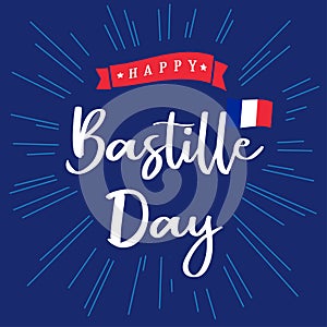 Happy Bastille Day banner blue with inscription and national flag on beams