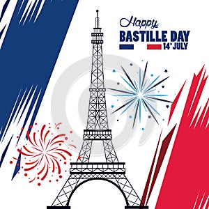 Happy bastille day celebration with tower eiffel and fireworks