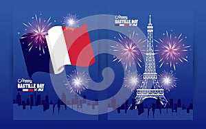 Happy bastille day celebration with tower eiffel and fireworks