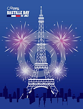 Happy bastille day celebration with tower eiffel and fireworks