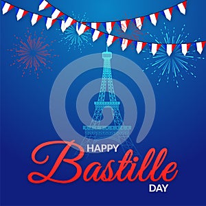 Happy Bastille Day with shiny Eiffel Tower and firework decorated temp