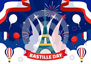 Happy Bastille Day Vector Illustration on 14 july with French Flag, Ribbon and Eiffel Tower in National Holiday Flat Cartoon