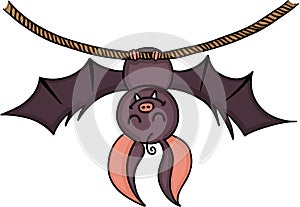 Happy bat hanging on a rope