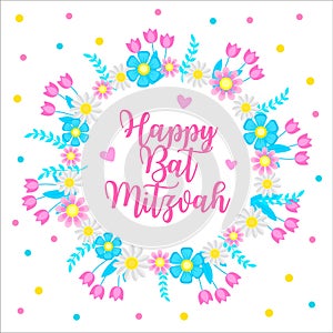 Happy Bat Mitzvah invitation or congratulation card. Holiday for a Jewish girl. Vector illustration