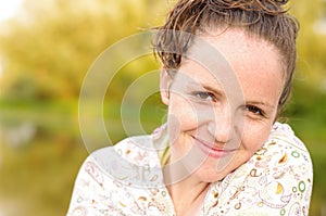 Happy bather woman outdoors