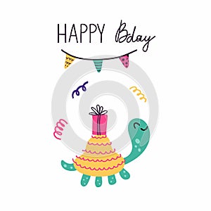 Happy bday. Birthday postcard in primitive minimalist style, cute turtle with festive presents and gifts, kids greeting or