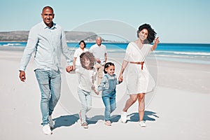 Happy, beach and family holding hands while on a walk together on summer vacation, adventure or weekend trip. Love