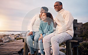 Happy, beach and girl on holiday with her grandparents sightseeing, bonding and having fun together. Travel, love and