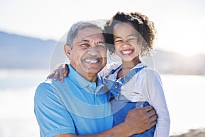 Happy, beach and portrait of child with grandfather on a vacation as travel together on outdoor holiday for happiness