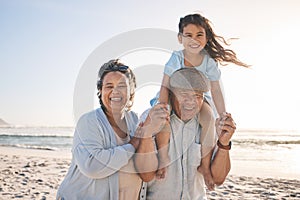 Happy, beach and portrait of girl with her grandparents on a tropical family vacation or adventure. Smile, sunset and