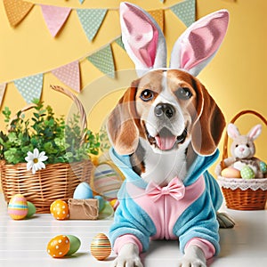 Happy Beagle Dog Dressed Up as Easter Bunny, Isolated on an Easter Background PNG Clipart Illustration