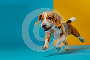 Happy Beagle Puppy Running Joyfully on a Blue and Yellow Background in Studio Setting