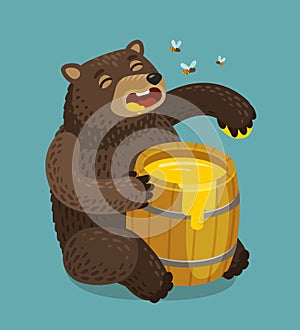 Happy bear eats out of keg of sweet honey. Cartoon vector illustration