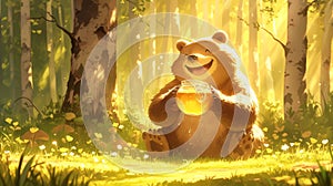 A happy bear with a honey pot