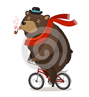 Happy bear riding bike. Pleasure trip concept. Cartoon vector illustration