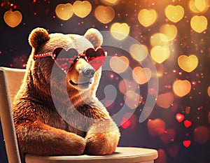 Happy bear sitting in the sun wearing red heart shaped glasses bokeh effect, Valentine\'s Day concept.