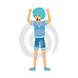Happy bearded football fan character in blue wig celebrating the victory of his team vector Illustration