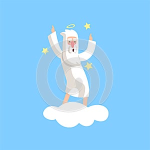 Šťastný vousatý znak tanec na bílém oblak obklopen hvězdy. ilustrace náboženský blahopřejná pohlednice 