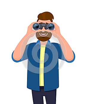 Happy bearded man in casual wear looking through binoculars. Person holding a binocular in hands. Male character design.