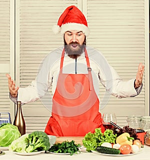 Happy bearded man. chef recipe. Vegetarian salad with vegetables. Dieting organic food. Cuisine culinary. Vitamin