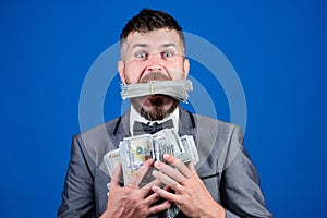 Happy bearded man has a lot of money. Business and sport success. winning a lottery. businessman after great deal