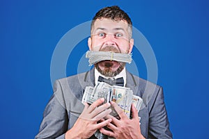 Happy bearded man has a lot of money. Business and sport success. winning a lottery. businessman after great deal