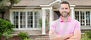 happy bearded man real estate agent selling or renting house, copy space, success. Man face portrait, banner with copy