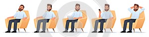 Happy bearded man sits in a chair. Businessman sleeps, works at a laptop, reads news in a smartphone, rejoices. Freelancer