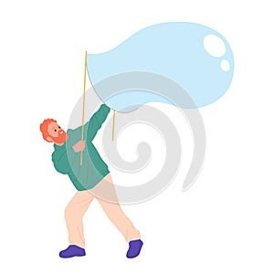 Happy bearded red-headed man cartoon character playing soap bubble with sticks isolated on white