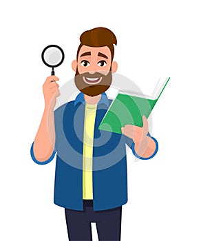 Happy bearded young man showing/holding magnifying glass and book/report/diary/note. Search, find, discovery, analyze, inspect,