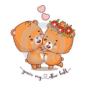 Happy bears in love. Romantic couple bear boy and teddy bear girl with flower wreath. Cute animals kawaii characters