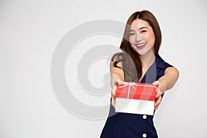 Happy beautiful Asian woman smile with red gift box isolated on white background.