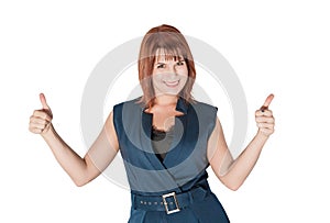 Happy beautiful business woman showing thumbs up isolated