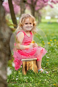 Happy beautiful child, kid, playing with small beautiful ducklings or goslings, cute fluffy yellow animal