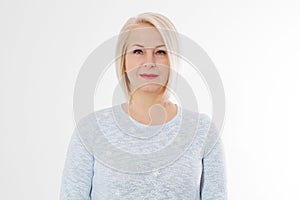 Happy beautiful close up portrait middle age blonde woman. Mid aged healthy female isolated on white background with copy space.