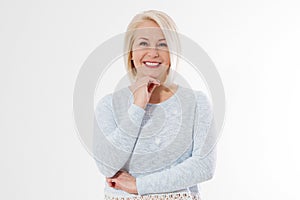 Happy beautiful close up portrait middle age blonde woman. Mid aged healthy female isolated on white background with copy space.