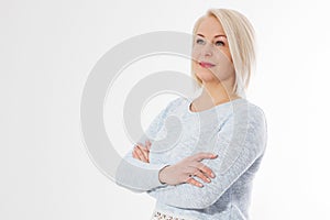 Happy beautiful close up portrait middle age blonde woman. Mid aged healthy female isolated on white background with copy space.