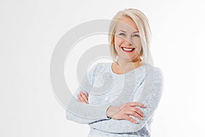 Happy beautiful close up portrait middle age blonde woman. Mid aged healthy female isolated on white background with copy space.