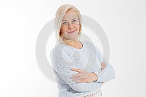 Happy beautiful close up portrait middle age blonde woman. Mid aged healthy female isolated on white background with copy space.