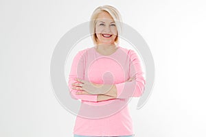 Happy beautiful close up portrait middle age blonde woman. Mid aged healthy female isolated on white background with copy space.