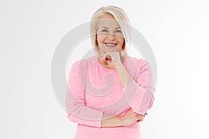 Happy beautiful close up portrait middle age blonde woman. Mid aged healthy female isolated on white background with copy space.