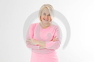 Happy beautiful close up portrait middle age blonde woman. Mid aged healthy female isolated on white background with copy space.