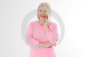 Happy beautiful close up portrait middle age blonde woman. Mid aged healthy female isolated on white background with copy space.