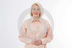 Happy beautiful close up portrait middle age blonde woman. Mid aged healthy female isolated on white background with copy space.