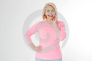 Happy beautiful close up portrait middle age blonde woman. Mid aged healthy female isolated on white background with copy space.