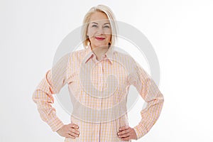 Happy beautiful close up portrait middle age blonde woman. Mid aged healthy female isolated on white background with copy space.