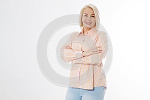 Happy beautiful close up portrait middle age blonde woman. Mid aged healthy female isolated on white background with copy space.