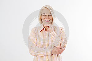 Happy beautiful close up portrait middle age blonde woman. Mid aged healthy female isolated on white background with copy space.