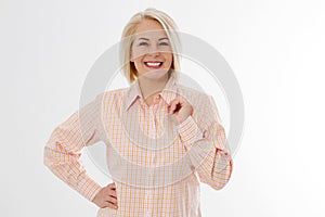 Happy beautiful close up portrait middle age blonde woman. Mid aged healthy female isolated on white background with copy space.