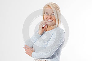 Happy beautiful close up portrait middle age blonde woman. Mid aged healthy female  on white background with copy space.